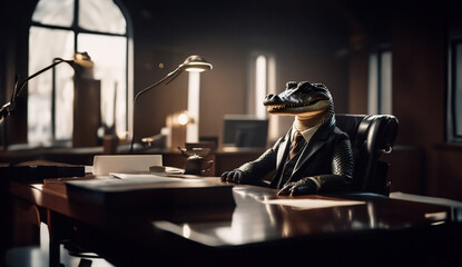 Fototapeta na wymiar reptilian werewolf concept, crocodile sitting at the table in the office, boss and office worker
