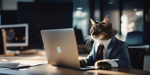 cat businessman works in business clothes in the office on a laptop on a chair.