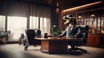 reptilian werewolf concept, crocodile sitting at the table in the office, boss and office worker