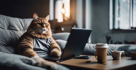 cat programmer freelancer works online on a laptop at home on the couch. - obrazy, fototapety, plakaty