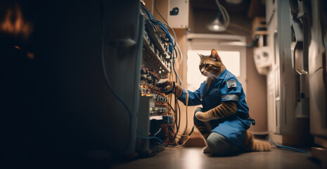 cat electrician in an electrician's suit repairs wiring in a transformer box