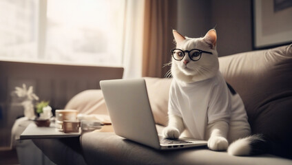cat programmer freelancer works online on a laptop at home on the couch. - Powered by Adobe