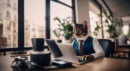cat businessman works in business clothes in the office on a laptop on a chair. - obrazy, fototapety, plakaty