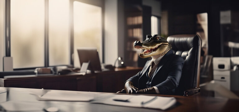 reptilian werewolf concept, crocodile sitting at the table in the office, boss and office worker