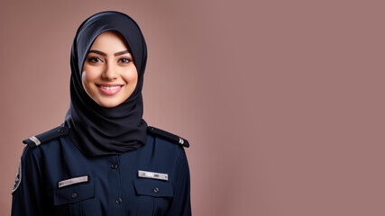 Hijab woman in police uniform smiling isolated on pastel background