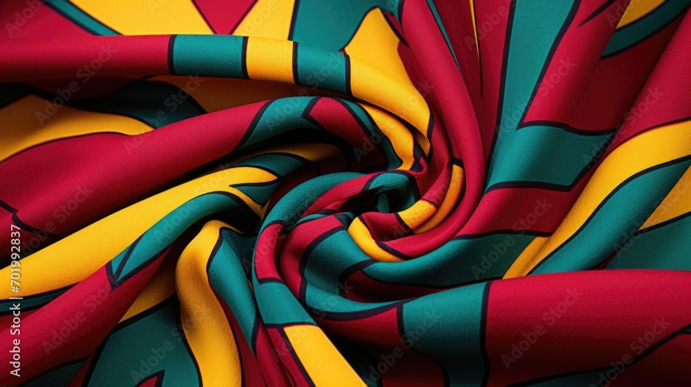 Poster two pieces of fabric, their bold colors and patterns intertwining and overlapping to create a captiv