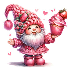 Obraz premium Cute Gnome Cupcake Strawberry Valentine's Day Clipart Illustration