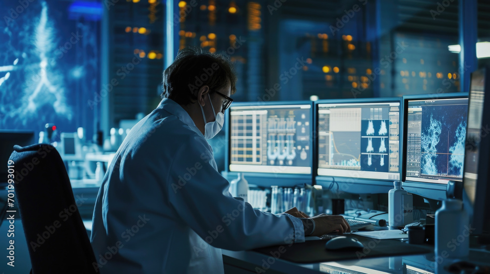 Poster the virologist studies computer screens and data charts, analyzing the latest findings on a potentia