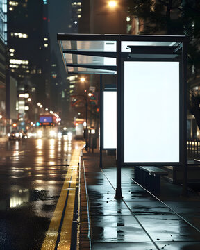 Blank white vertical billboard In the night city at the bus stop. front view. copy space, mockup, advertising.