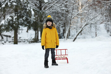 Fototapeta na wymiar Little boy pulling sledge through snow in winter park