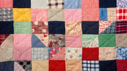 A patchwork quilt, complete with mismatched fabric ss and crooked stitching, but b with charm and personality.