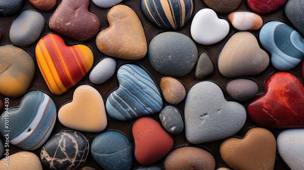 Poster a series of heartshaped rocks of all sizes tered along the shoreline, each with unique patterns and 