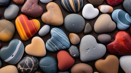 A series of heartshaped rocks of all sizes tered along the shoreline, each with unique patterns and colors.