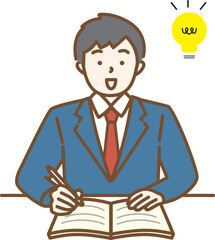 男子学生がひらめいた時の勉強シーンイラスト　電球マーク