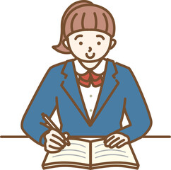 女子学生が集中している勉強シーンイラスト　