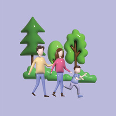 Family and children spending time together. Walking family concept.. Realistic 3d object cartoon style. Vector colorful illustration.