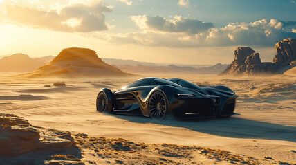 A supercar with a sleek, sandblasted finish speeding across a vast, undulating desert