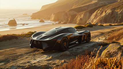 A supercar with a sleek, stone-like finish blending into the rugged cliffs of a coastal road