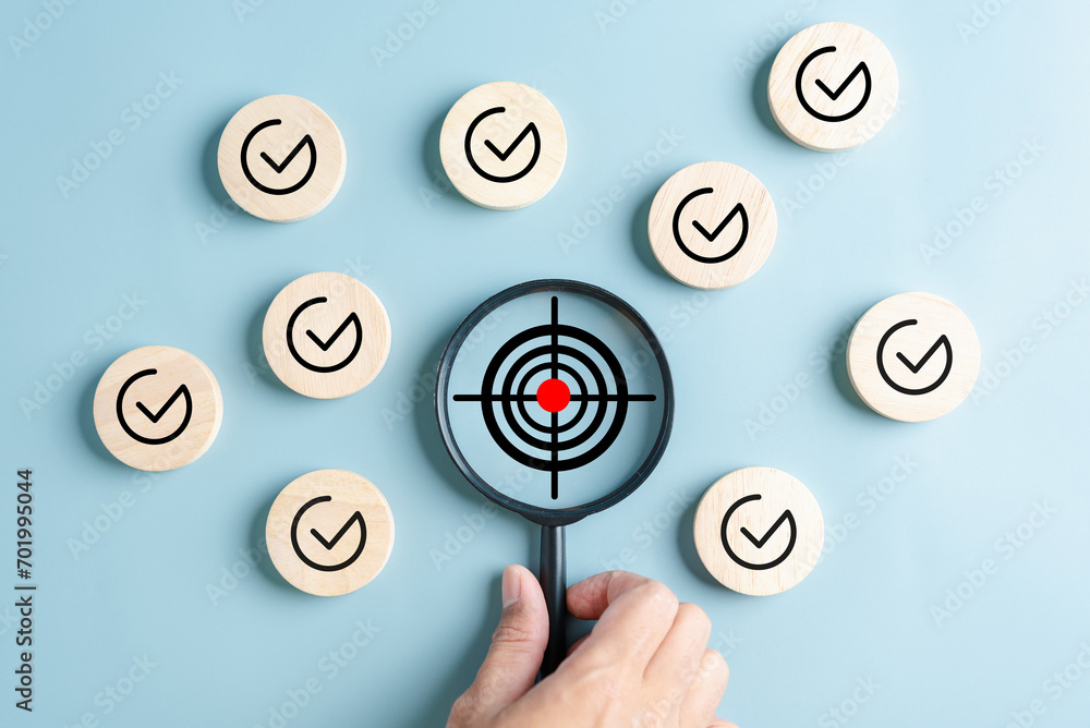 Aufkleber Checklist Quality management with Quality Assurance or QA and Quality Control or QC and improvement. Standardization, certification. Compliance to regulations service and standards...