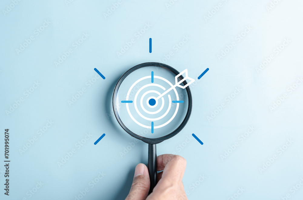 Aufkleber magnifier glass focus to target objective with idea creative light bulb icon. planning development l