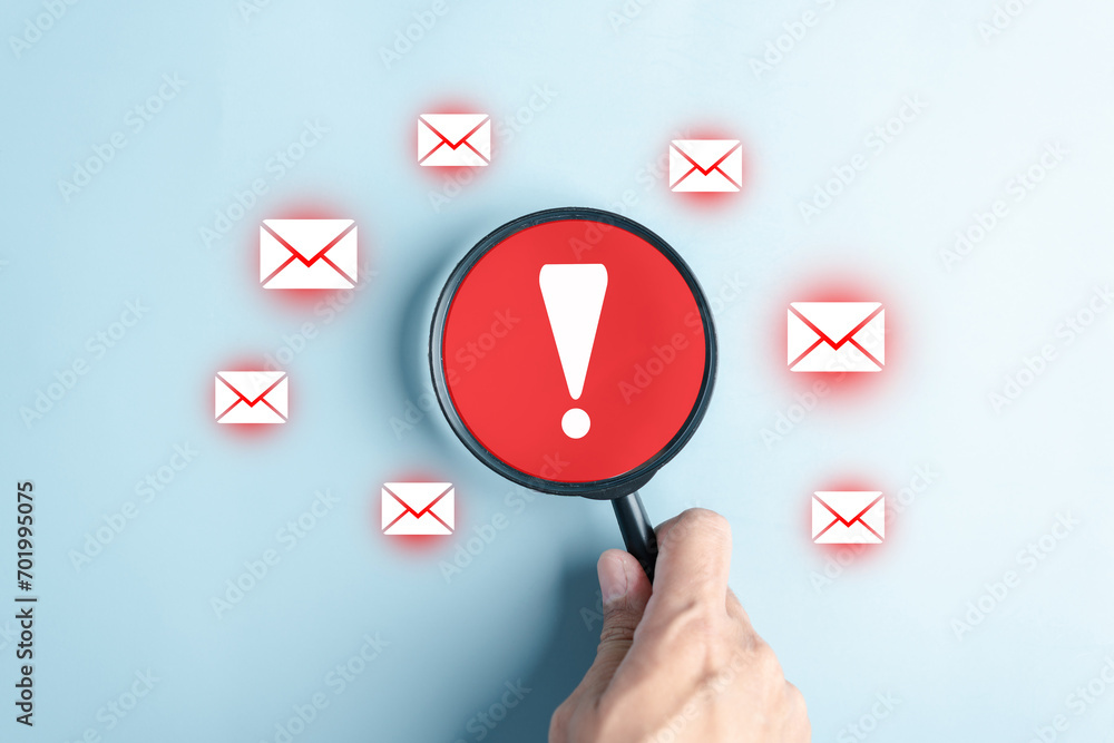Poster Alert Email inbox and spam virus with warning caution for notification on internet letter security protect, junk and trash mail and compromised information.