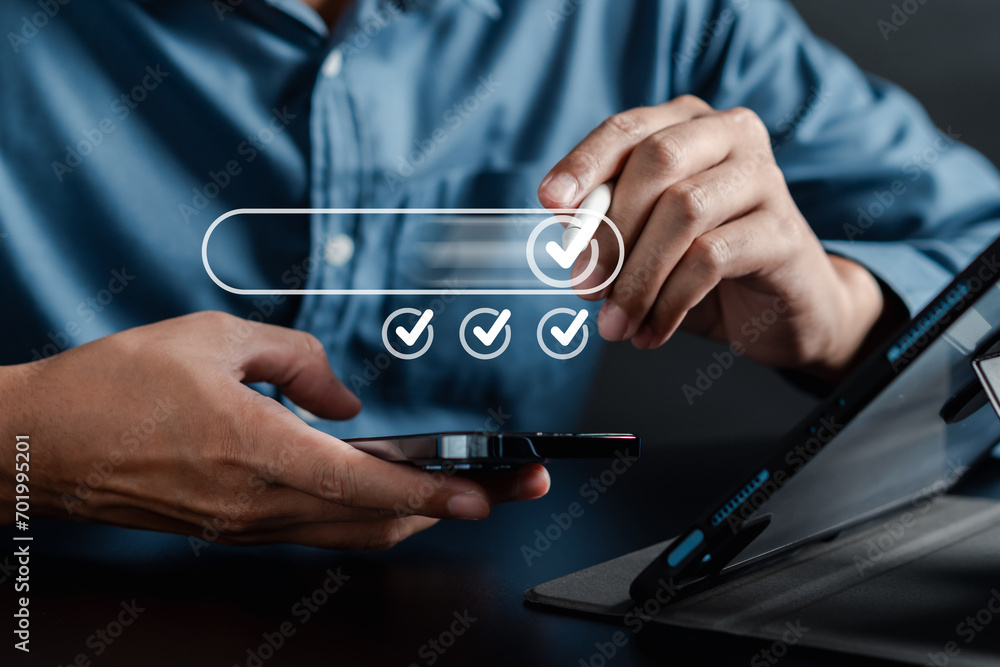 Aufkleber Quality Certificate and Checklist and analyst target marketing planning assignment with quality management. Standardization, certification. Compliance to regulations service and standards.