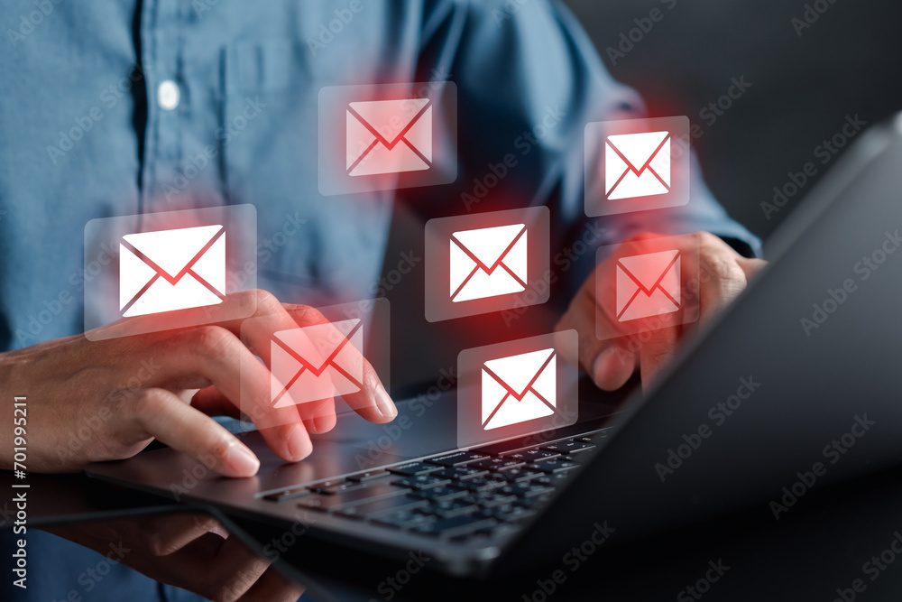 Poster Alert Email inbox and spam virus with warning caution for notification on internet letter security protect, junk and trash mail and compromised information.