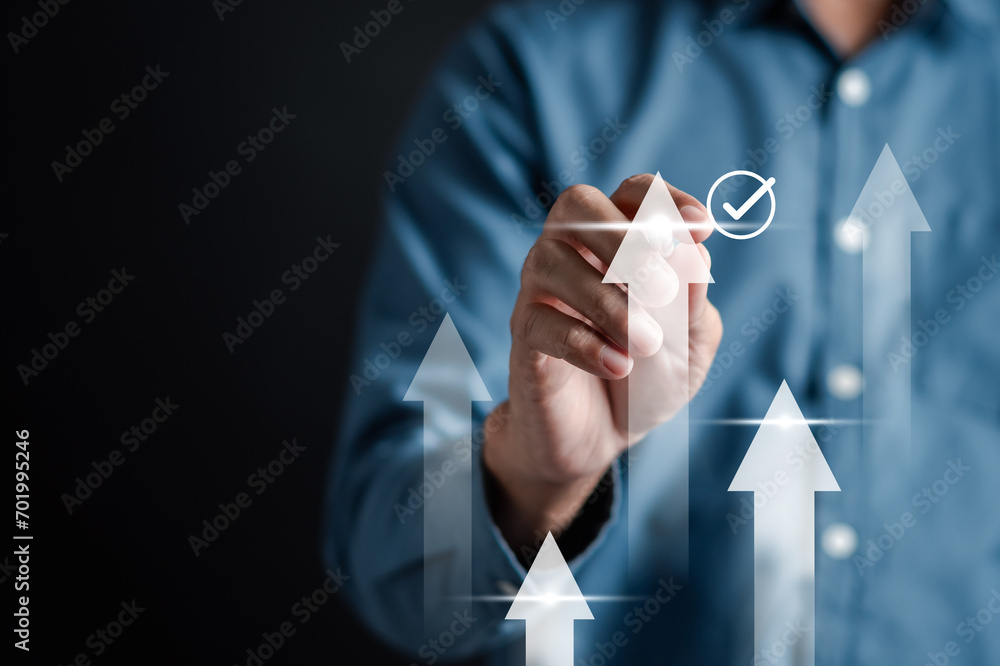 Fototapete Growth Quality Certificate and Checklist and analyst target marketing planning assignment with quality management. Standardization, certification. Compliance to regulations service and standards.
