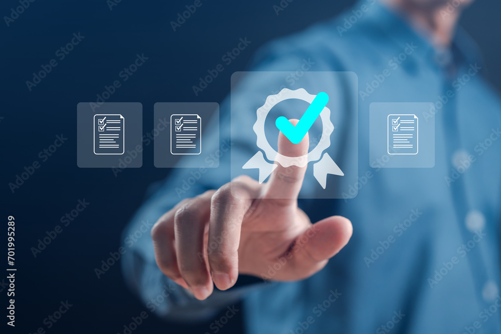 Aufkleber Quality Certificate and Checklist and analyst target marketing planning assignment with quality management. Standardization, certification. Compliance to regulations service and standards.
