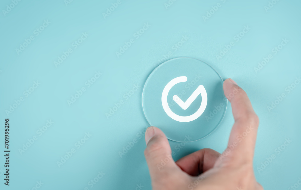 Aufkleber Checklist Quality management with Quality Assurance or QA and Quality Control or QC and improvement. Standardization, certification. Compliance to regulations service and standards...