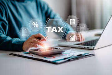 E-Filing, Taxpayer using a laptop to file taxes personal income, Tax Return form online for tax payment. Government, state taxes. Data analysis, paperwork, reports. Calculation tax return. - obrazy, fototapety, plakaty