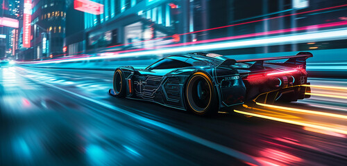 A supercar with an electric circuit pattern, pulsing with light as it speeds through a tech district