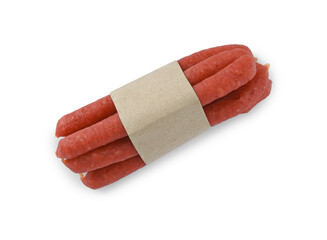 Thin dry smoked sausages isolated on white, top view