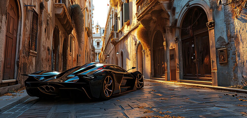 A supercar with an intricate gothic architecture design, parked in an ancient city alley