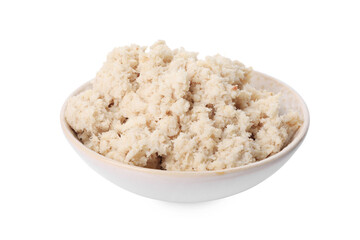 Bowl of tasty prepared horseradish isolated on white