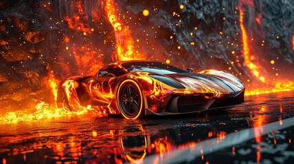 A supercar with flames custom paint job, parked in front of a wall of fire