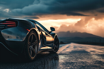 A supercar's sleek profile against a stormy sky backdrop