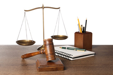 Law concept. Gavel, scales of justice, stationery on wooden table against white background