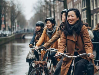 Fototapeta na wymiar A Photo Of A Group Of Asian Friends Enjoying A Bike Tour In Amsterdam Netherlands