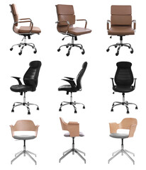 Different office chairs isolated on white, set