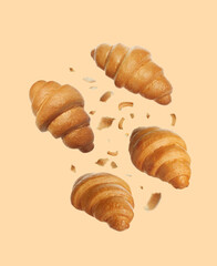 Delicious fresh croissants falling on beige background