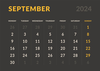 Monthly page Calendar Planner Templates of September 2024. Vector layout of simple calendar with week start Monday for print. Page for size A4 or 21x29.7 cm in dark color