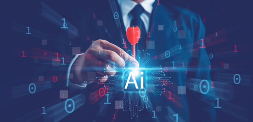 Target Using Artificial Intelligence ,Ai tech, businessman show virtual graphic Global Internet connect robot Chat with AI, Artificial Intelligence.Targeting Futuristic technology concept.