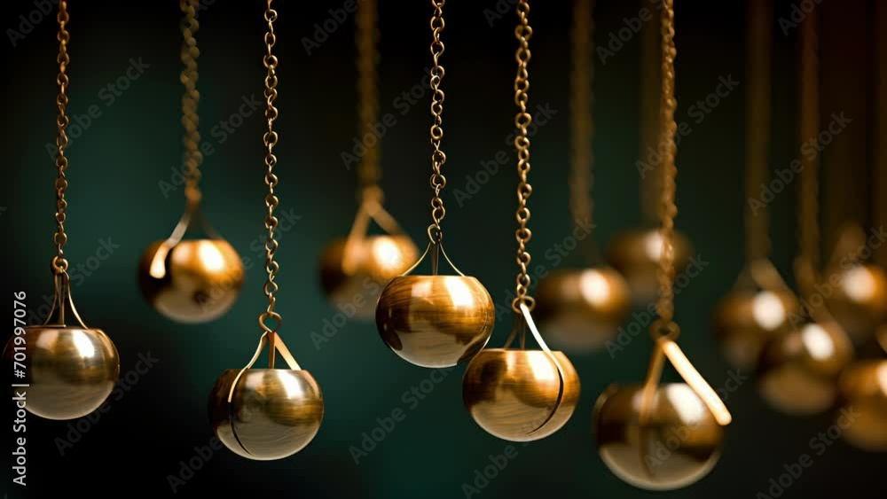 Poster a macro of a row of pendulums, each swinging in perfect rhythm, as seen in the fascinating phenomeno
