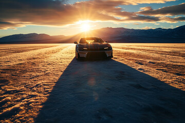Shadow of a supercar elongated by the setting sun on an open salt flat