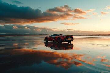Supercar driving on a beach at low tide, reflection clear on the wet sand