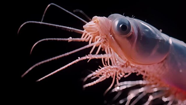 A closeup of a tiny krill, an important part of the marine food chain, being startled and disoriented by loud sound waves. This visual representation highlights the farreaching