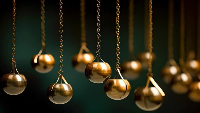 A macro of a row of pendulums, each swinging in perfect rhythm, as seen in the fascinating phenomenon of pendulum waves.