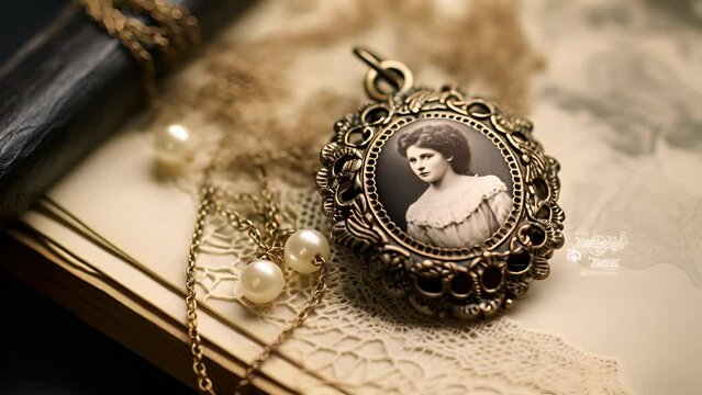 A macro shot of a locket necklace, od to display a faded black and white photograph and a lock of hair, sitting atop a lace doily.