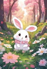 Cute anime rabbit residing in a forest full of flowers